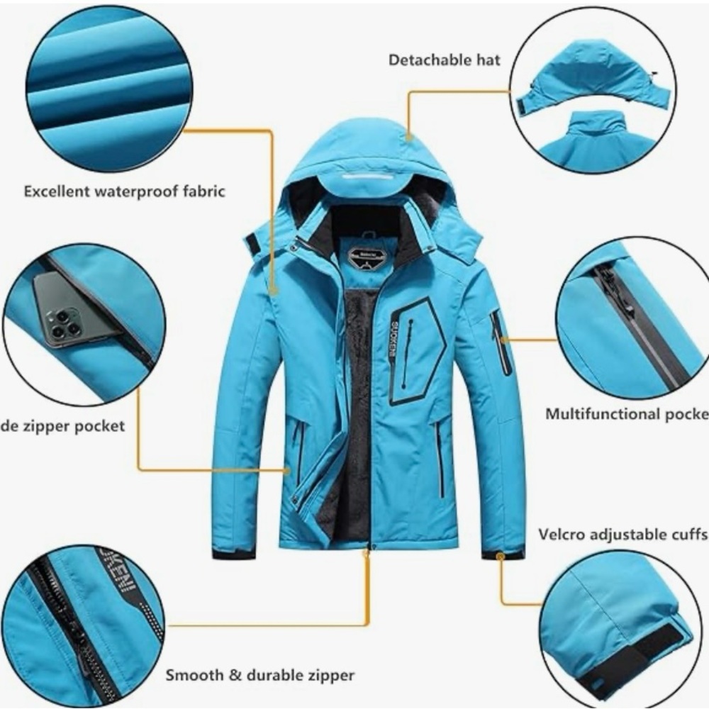 NWOT. SUOKENI Waterproof Ski Jacket, Warm Winter Snow Coat, Hooded Raincoat